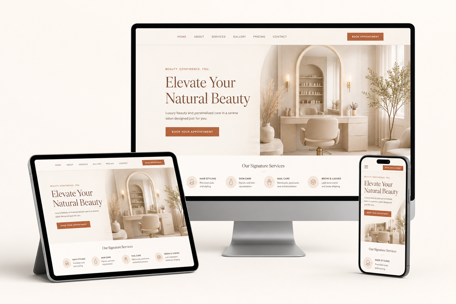 Salon-site demo op desktop, tablet en telefoon